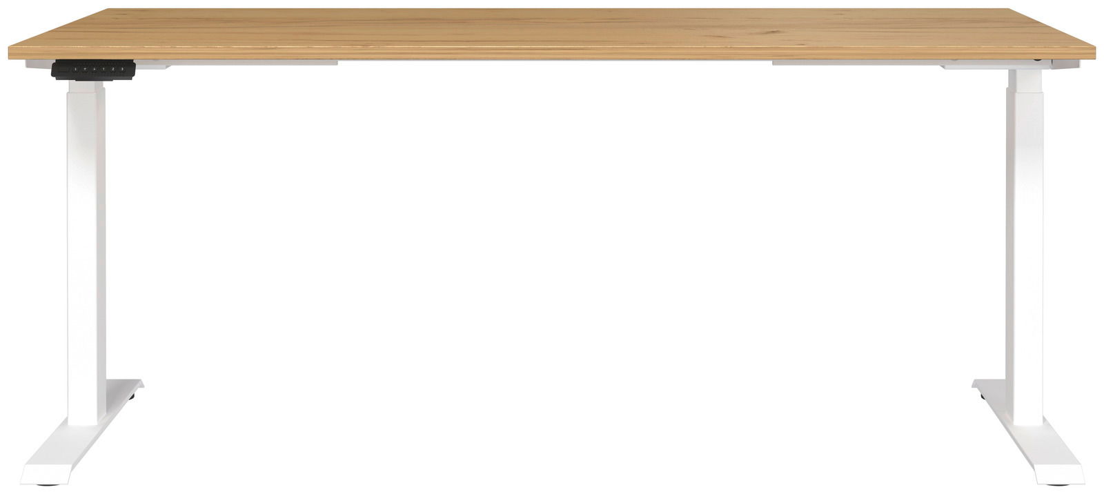 Elektrisch höhenverstellbarer Schreibtisch mit Holzplatte und weißen Metallbeinen, Frontalansicht