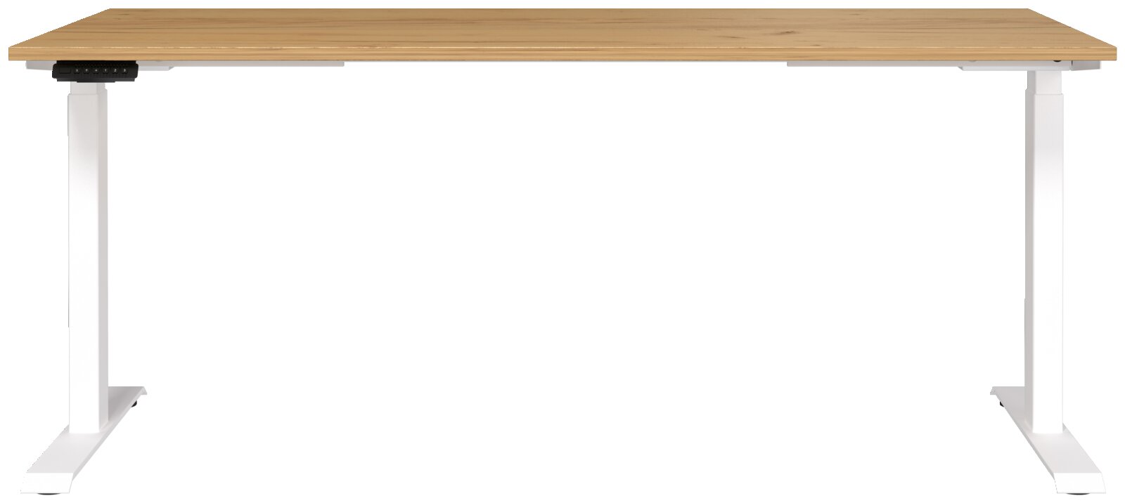 Elektrisch höhenverstellbarer Schreibtisch mit Holzplatte und weißen Metallbeinen, Frontalansicht
