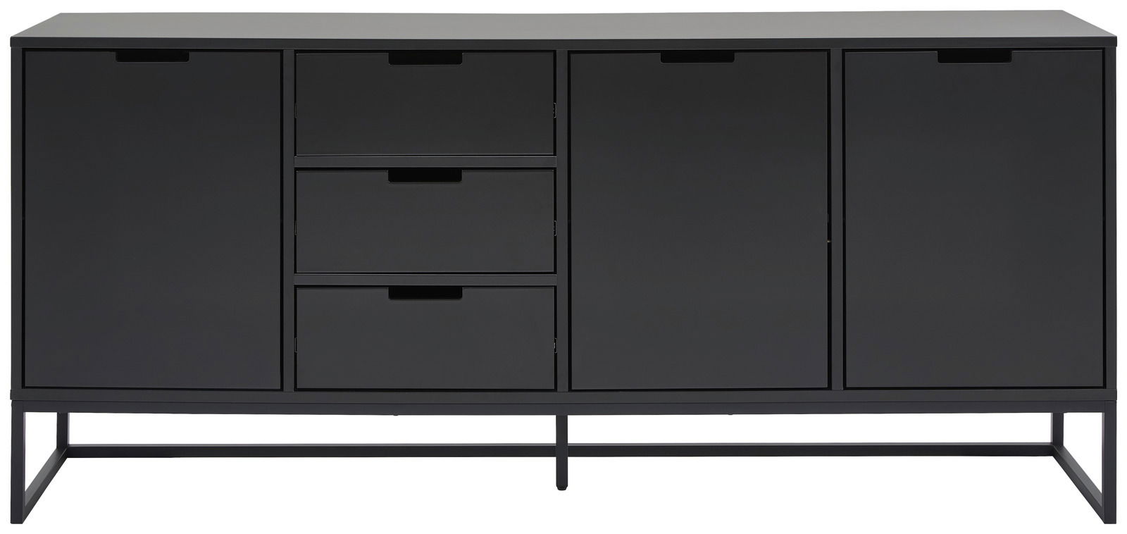 Schwarzes XL-Sideboard mit zwei Türen und zwei Schubladen, frontale Ansicht