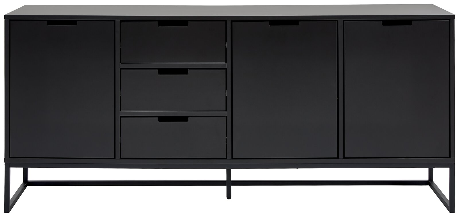 Schwarzes XL-Sideboard mit zwei Türen und zwei Schubladen, frontale Ansicht