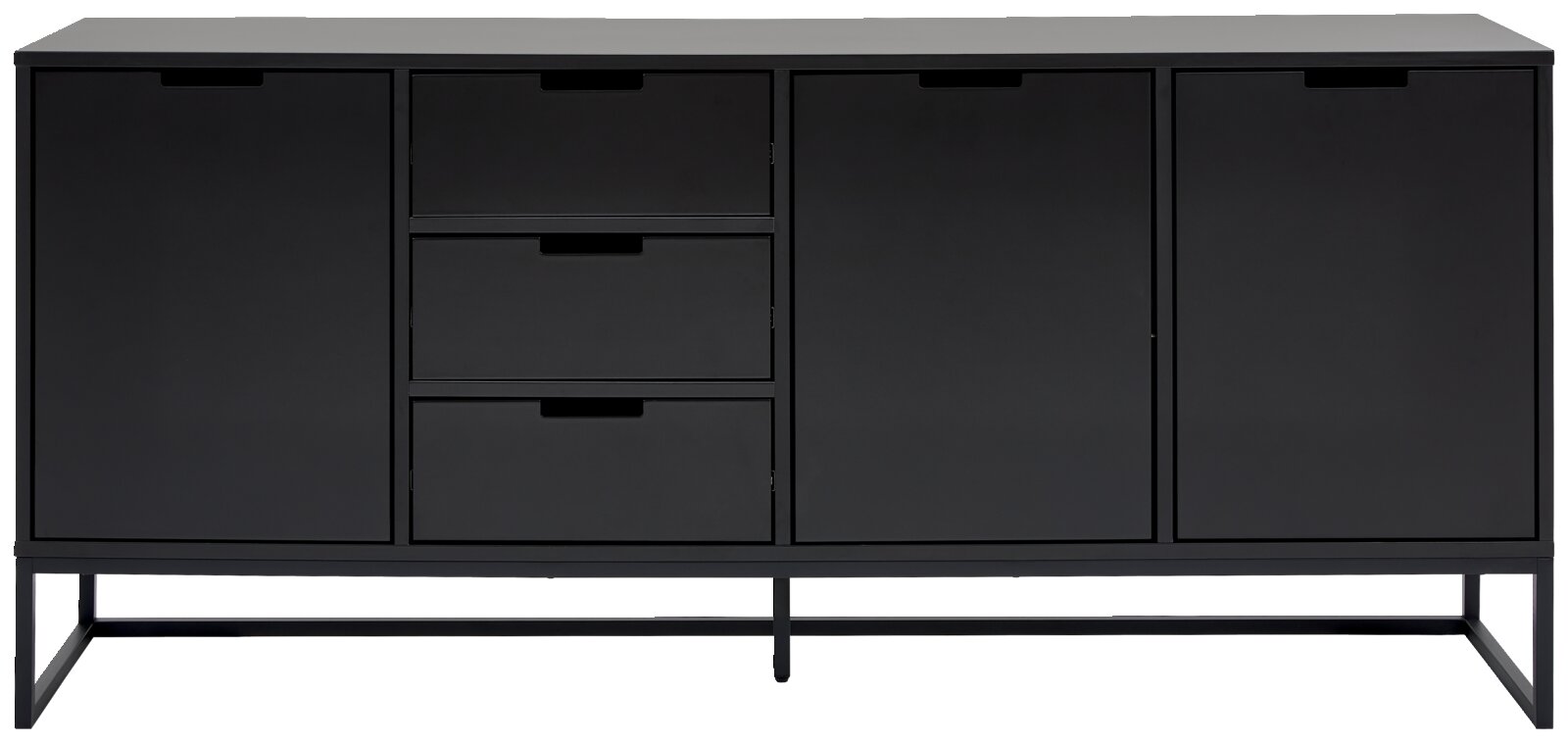 Schwarzes XL-Sideboard mit zwei Türen und zwei Schubladen, frontale Ansicht
