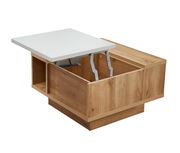 Moderner Couchtisch VAN COUVER mit hellem Holzfinish und weißer, hochklappbarer Tischplatte, seitliche Perspektive.