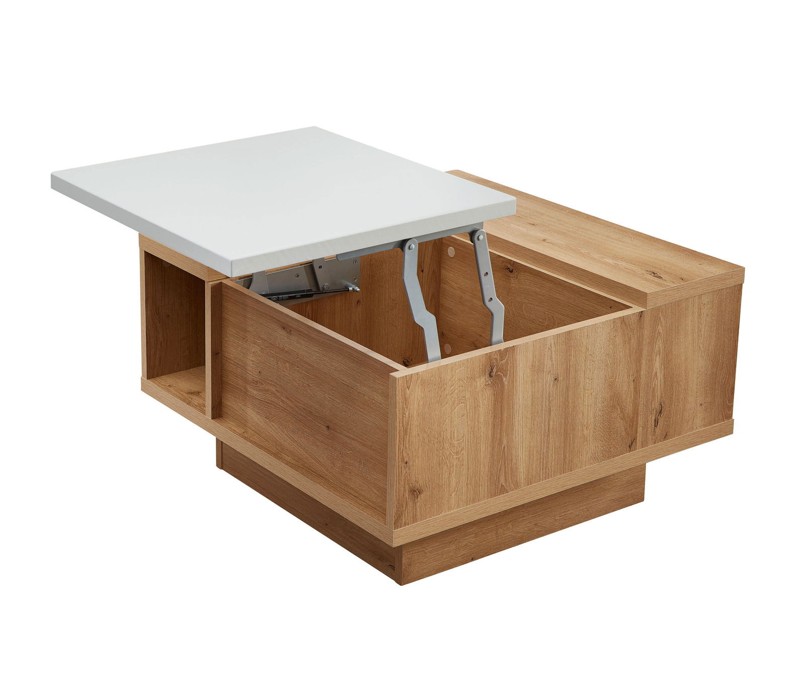 Moderner Couchtisch VAN COUVER mit hellem Holzfinish und weißer, hochklappbarer Tischplatte, seitliche Perspektive.