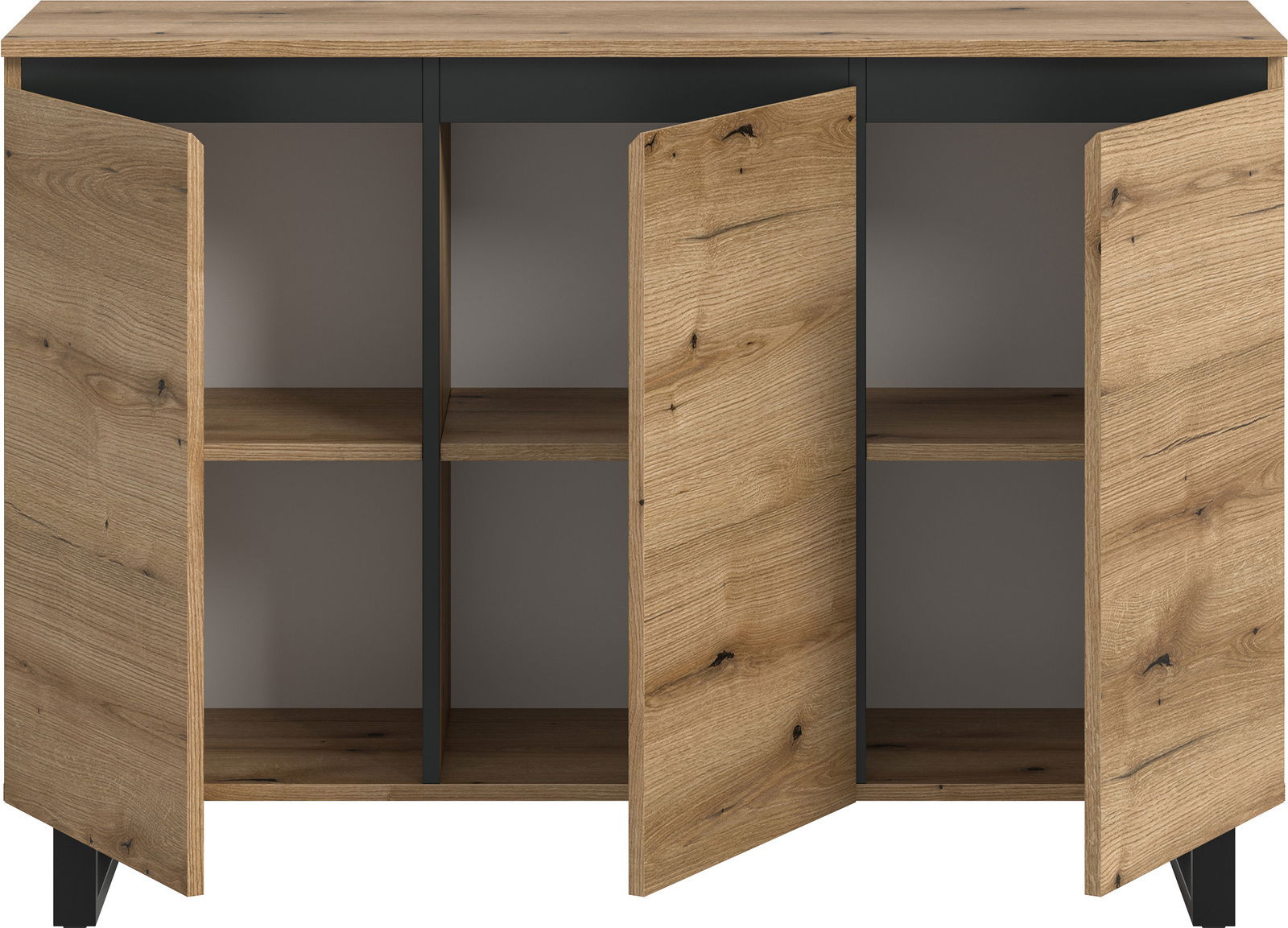 Frontansicht eines Sideboards mit offenen Holztüren und Regalböden.
