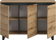 Frontansicht eines Sideboards mit offenen Holztüren und Regalböden.