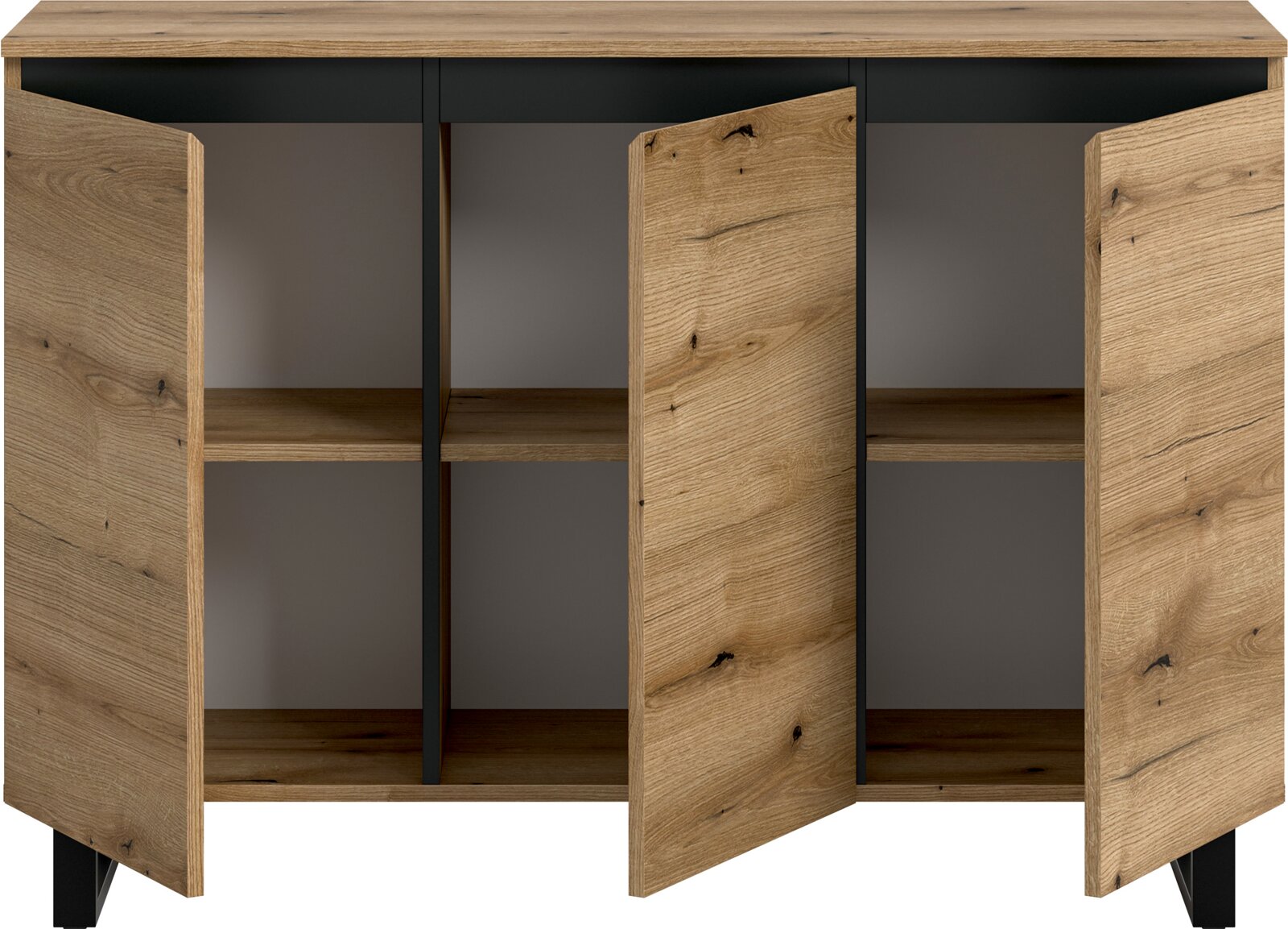 Frontansicht eines Sideboards mit offenen Holztüren und Regalböden.