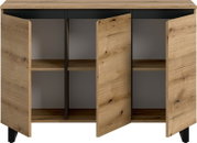 Frontansicht eines Sideboards mit offenen Holztüren und Regalböden.
