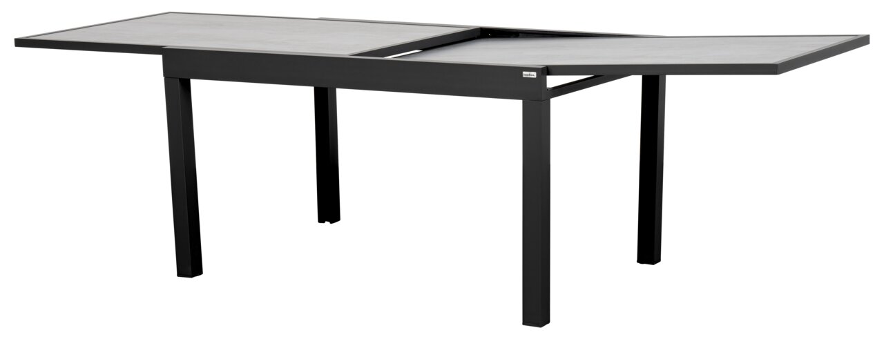 Moderner Gartentisch mit ausziehbarer Tischplatte in dunklem Design, seitliche Perspektive.