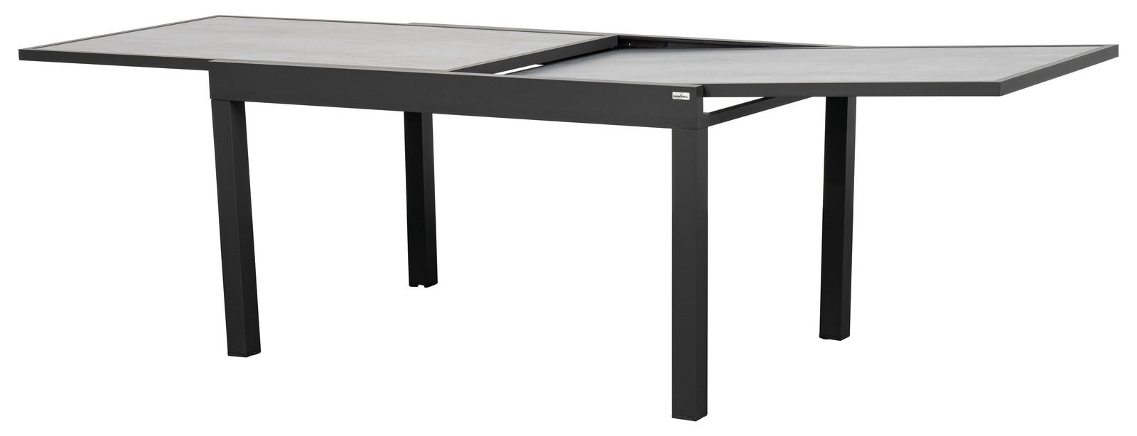 Moderner Gartentisch mit ausziehbarer Tischplatte in dunklem Design, seitliche Perspektive.