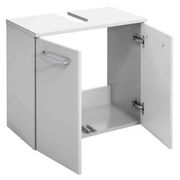 Weißer Waschbeckenunterschrank mit zwei geöffneten Türen, Frontansicht.