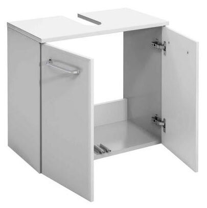 Weißer Waschbeckenunterschrank mit zwei geöffneten Türen, Frontansicht.