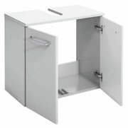 Weißer Waschbeckenunterschrank mit zwei geöffneten Türen, Frontansicht.