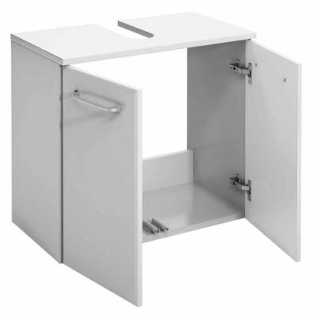 Weißer Waschbeckenunterschrank mit zwei geöffneten Türen, Frontansicht.