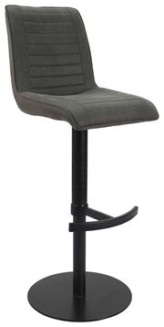 Moderner Barstuhl in dunklem Grau mit gepolsterter Sitzfläche und Rückenlehne, schwarzem Metallfuß und Fußstütze, seitliche Perspektive.
