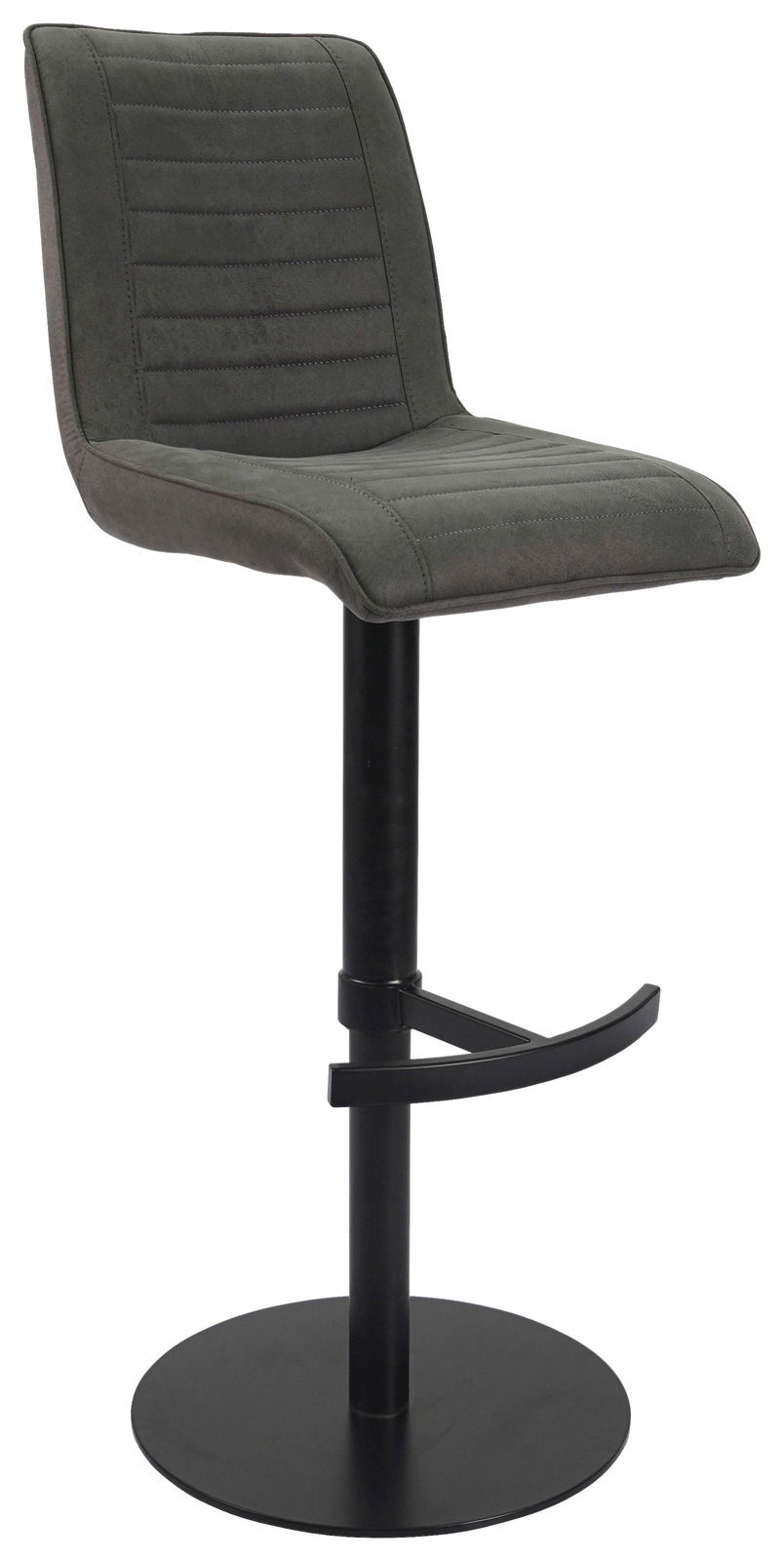 Moderner Barstuhl in dunklem Grau mit gepolsterter Sitzfläche und Rückenlehne, schwarzem Metallfuß und Fußstütze, seitliche Perspektive.