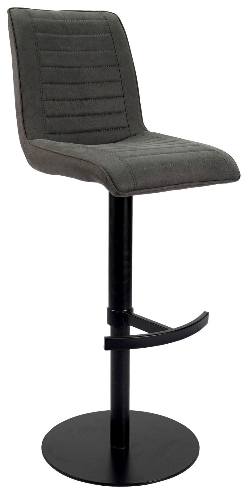 Novel Barstuhl WILLY Moderner Barstuhl in dunklem Grau mit gepolsterter Sitzfläche und Rückenlehne, schwarzem Metallfuß und Fußstütze, seitliche Perspektive.