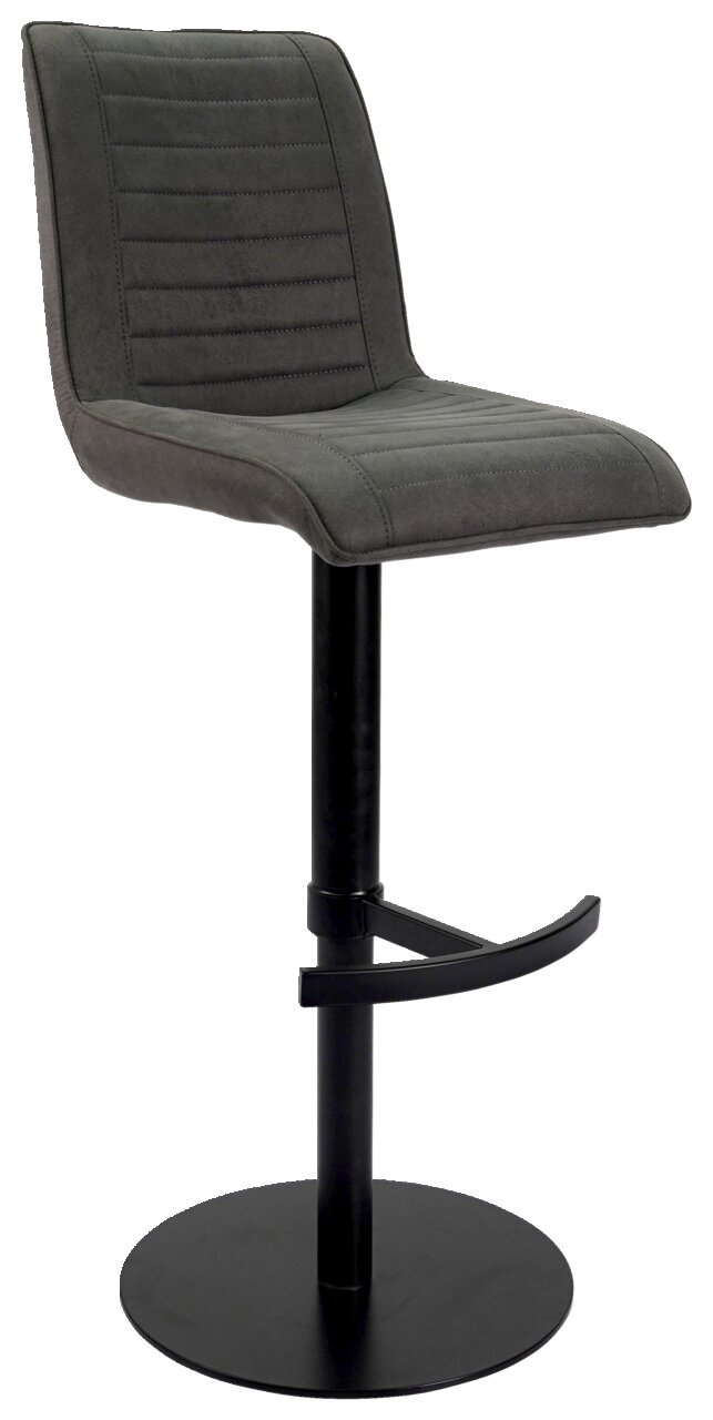 Novel Barstuhl WILLY Moderner Barstuhl in dunklem Grau mit gepolsterter Sitzfläche und Rückenlehne, schwarzem Metallfuß und Fußstütze, seitliche Perspektive.