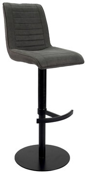 Moderner Barstuhl in dunklem Grau mit gepolsterter Sitzfläche und Rückenlehne, schwarzem Metallfuß und Fußstütze, seitliche Perspektive.
