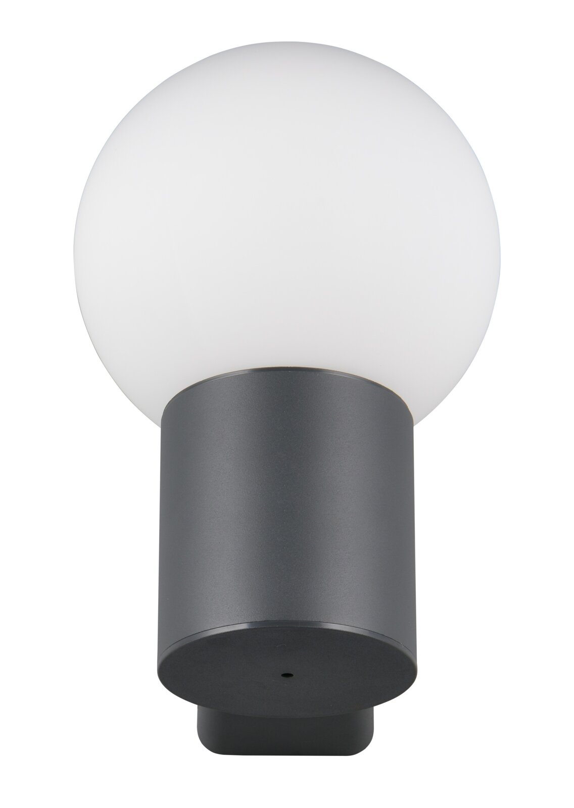 Trio Leuchten Buitenwandlamp MURES Moderne buitenwandlamp met een bolvormige, witte lampenkap en een cilindrische, donkere voet, afgebeeld van voren.