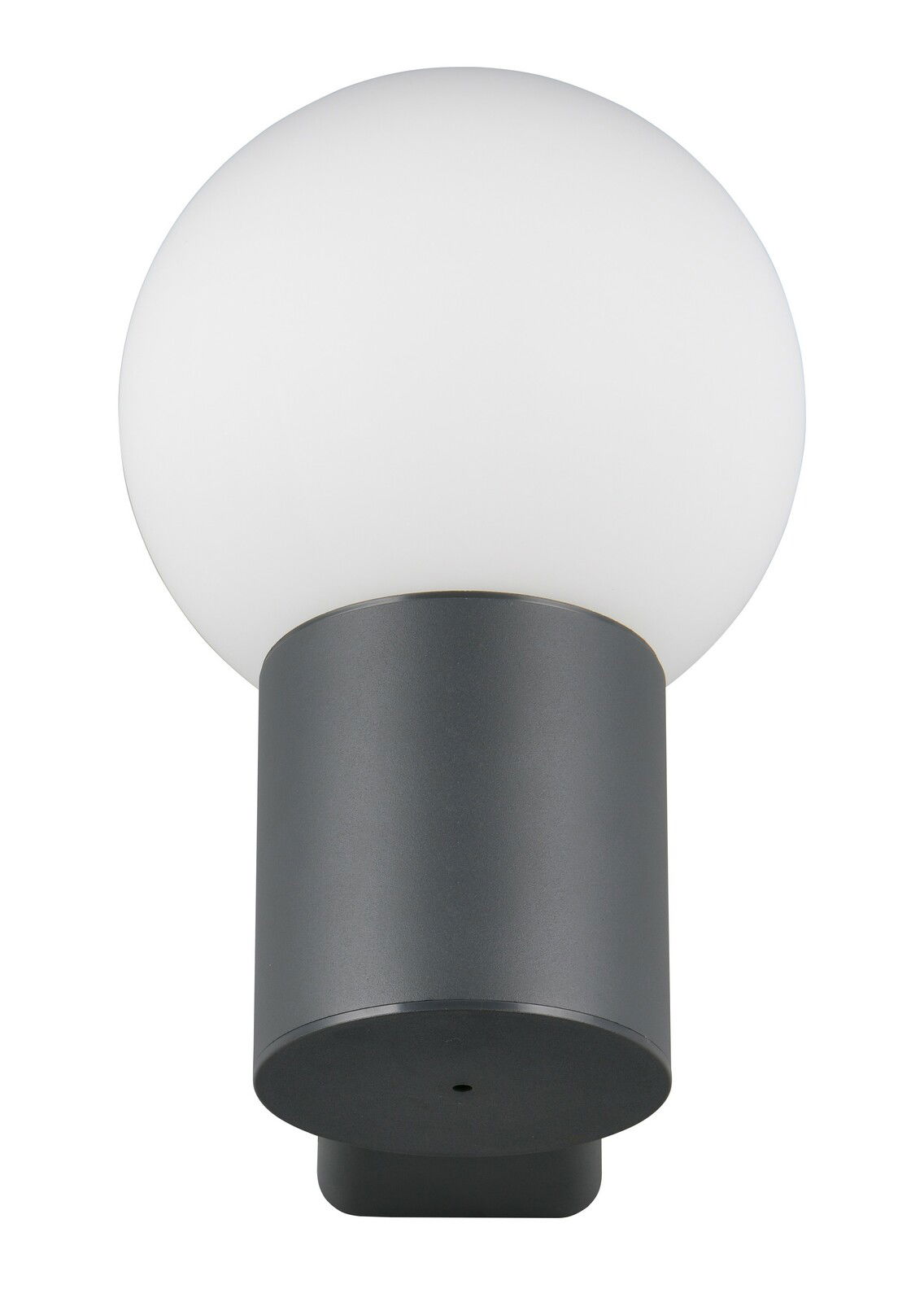 Moderne Außenwandleuchte mit kugelförmigem, weißem Lampenschirm und zylindrischem, dunklem Sockel, frontal abgebildet.