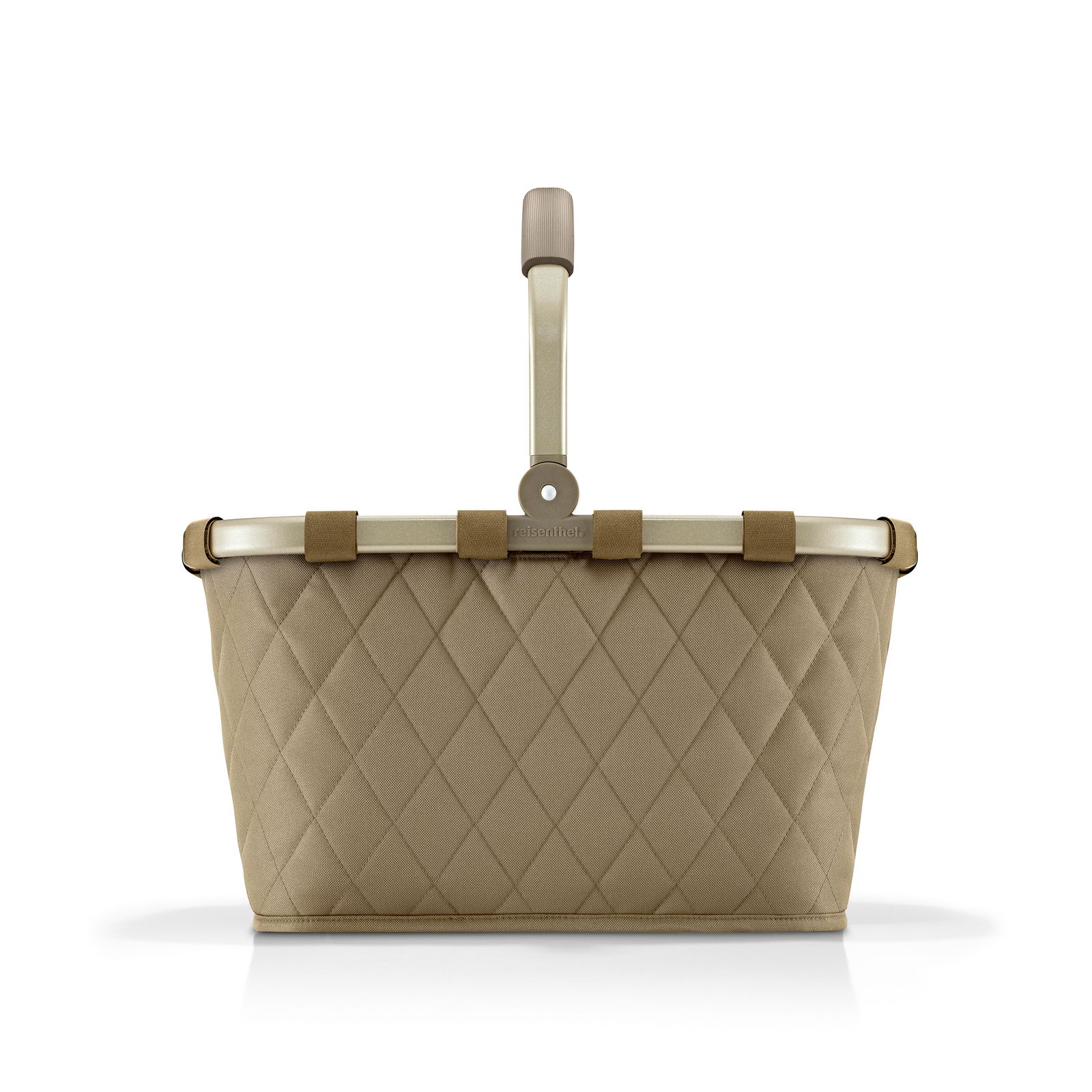 Frontansicht eines olivfarbenen, rautenförmig gesteppten Einkaufskorbs mit stabilem Griff.