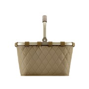 Frontansicht eines olivfarbenen, rautenförmig gesteppten Einkaufskorbs mit stabilem Griff.