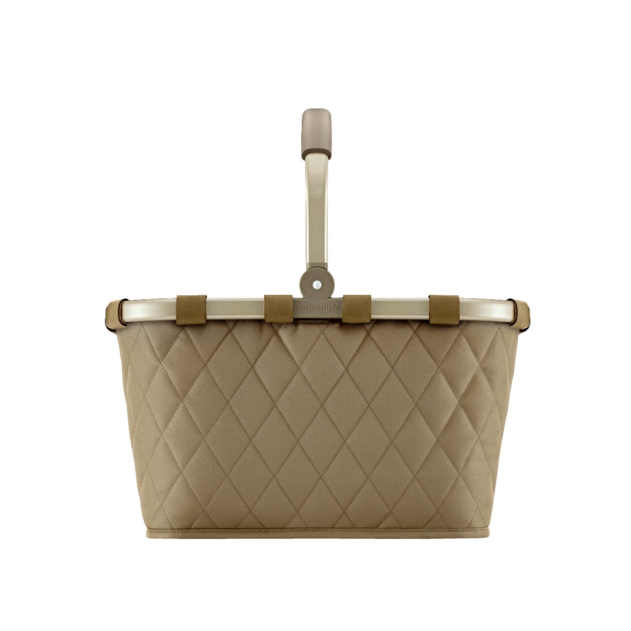 Frontansicht eines olivfarbenen, rautenförmig gesteppten Einkaufskorbs mit stabilem Griff.