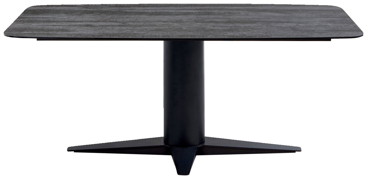 Moderner Esstisch mit rechteckiger, dunkler Tischplatte und zentralem, schwarzem Standfuß, frontal betrachtet.