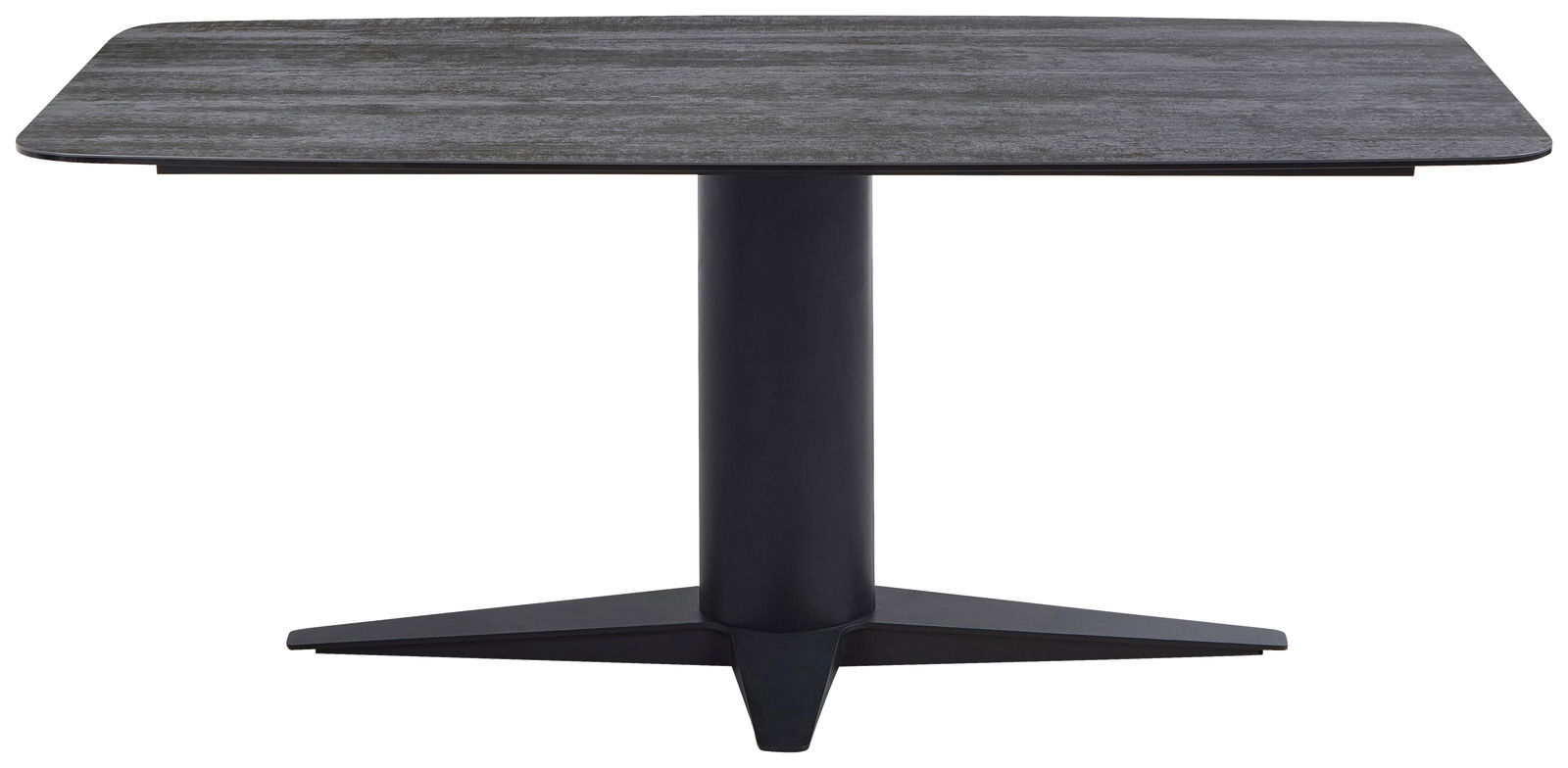 Moderner Esstisch mit rechteckiger, dunkler Tischplatte und zentralem, schwarzem Standfuß, frontal betrachtet.