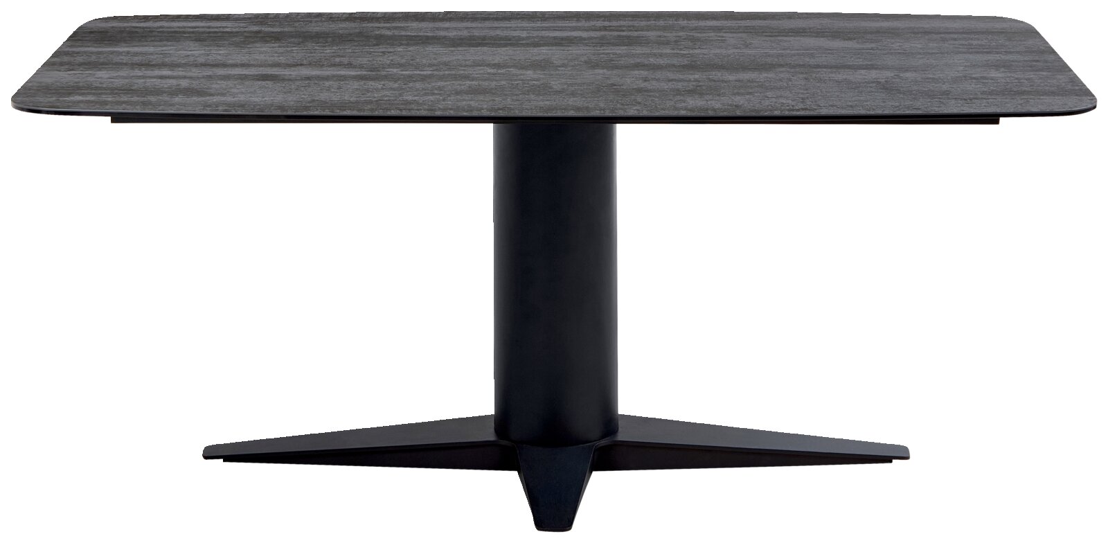 Moderne eettafel met een rechthoekig, donker tafelblad en een centrale, zwarte voet, gezien vanaf de voorkant.