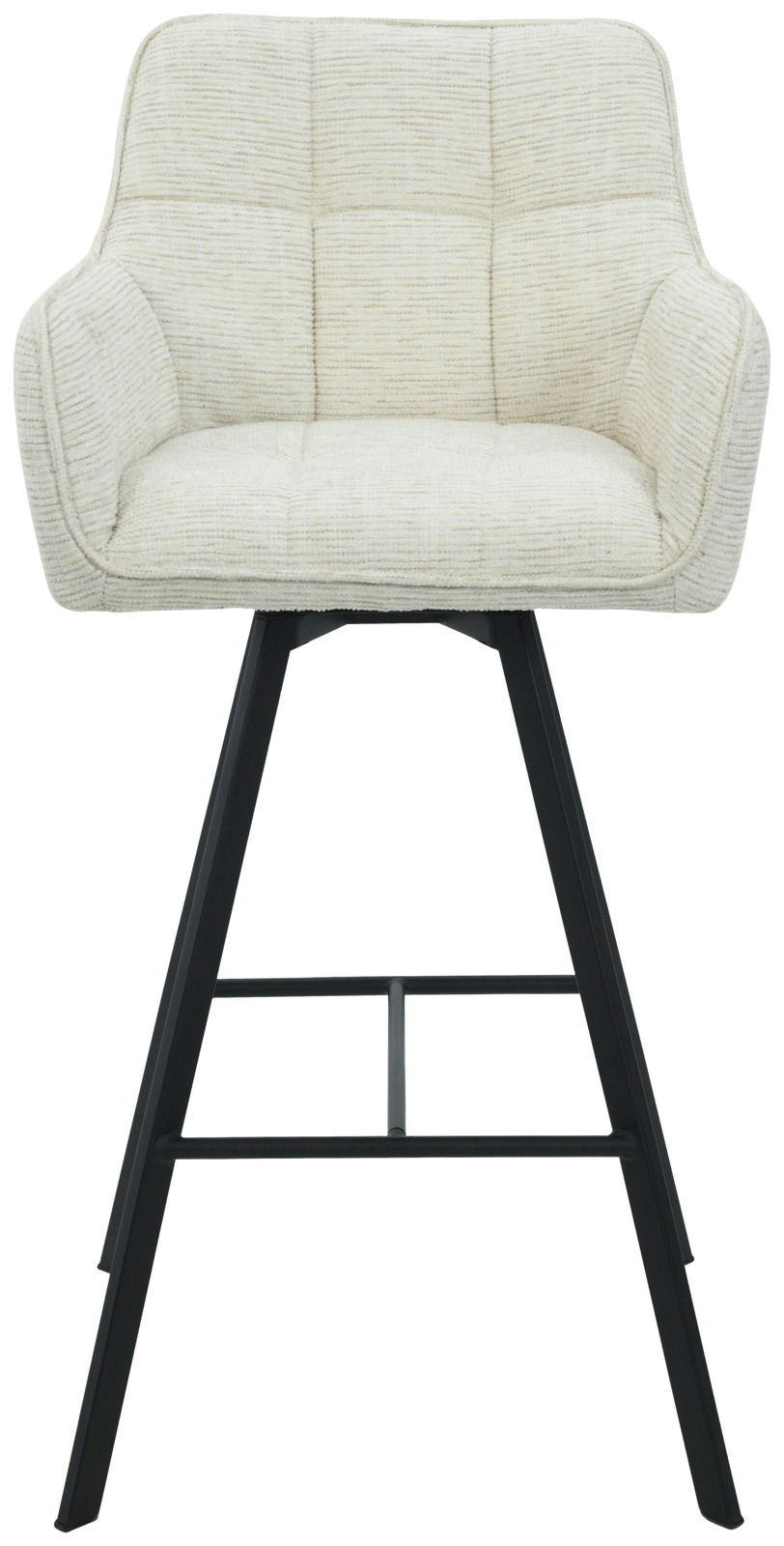Moderner Barhocker ALOIS mit gepolsterter Sitzfläche in Cremefarbe und schwarzem Metallgestell, Frontalansicht.