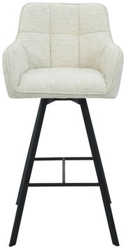 Moderner Barhocker ALOIS mit gepolsterter Sitzfläche in Cremefarbe und schwarzem Metallgestell, Frontalansicht.