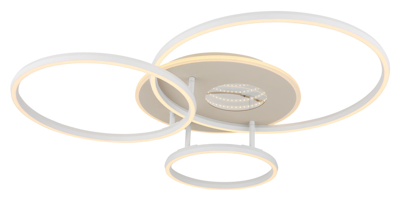 Moderne LED-Deckenleuchte mit drei leuchtenden Ringen, seitliche Perspektive