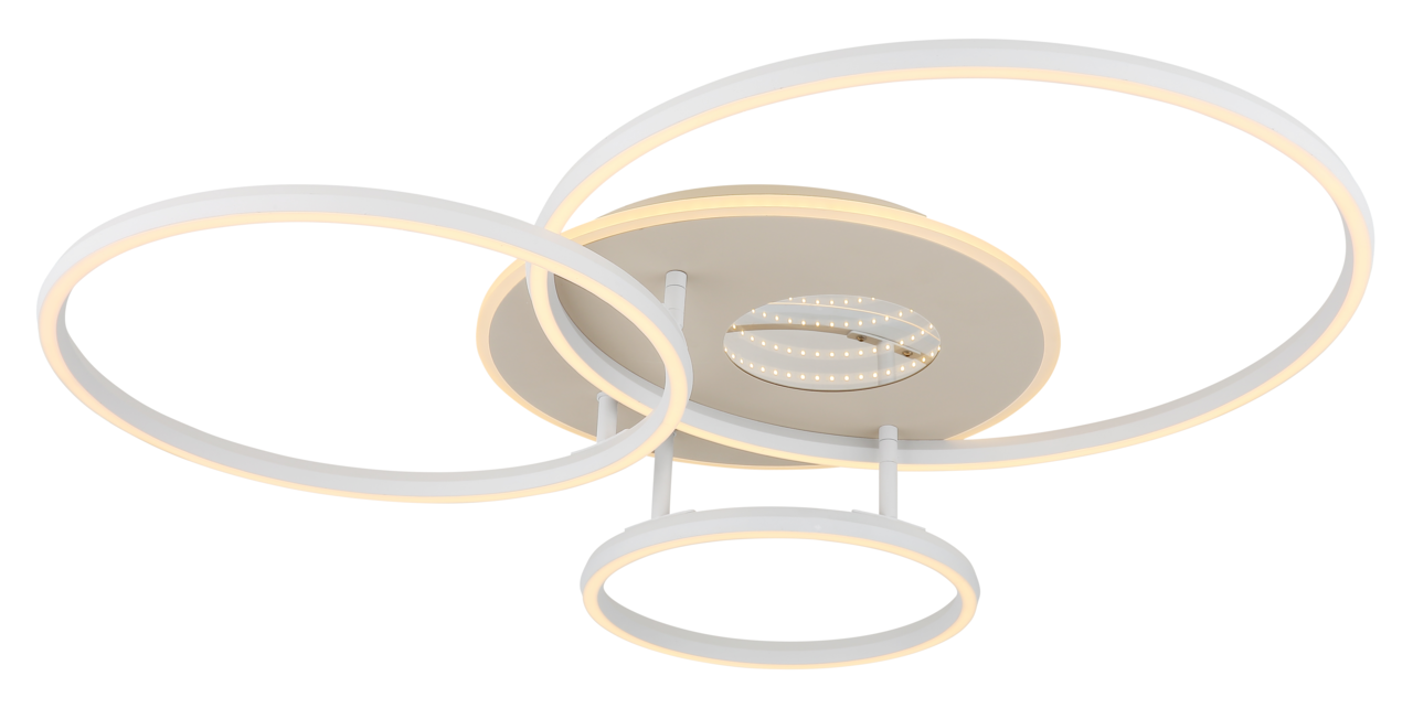 Moderne LED-Deckenleuchte mit drei leuchtenden Ringen, seitliche Perspektive