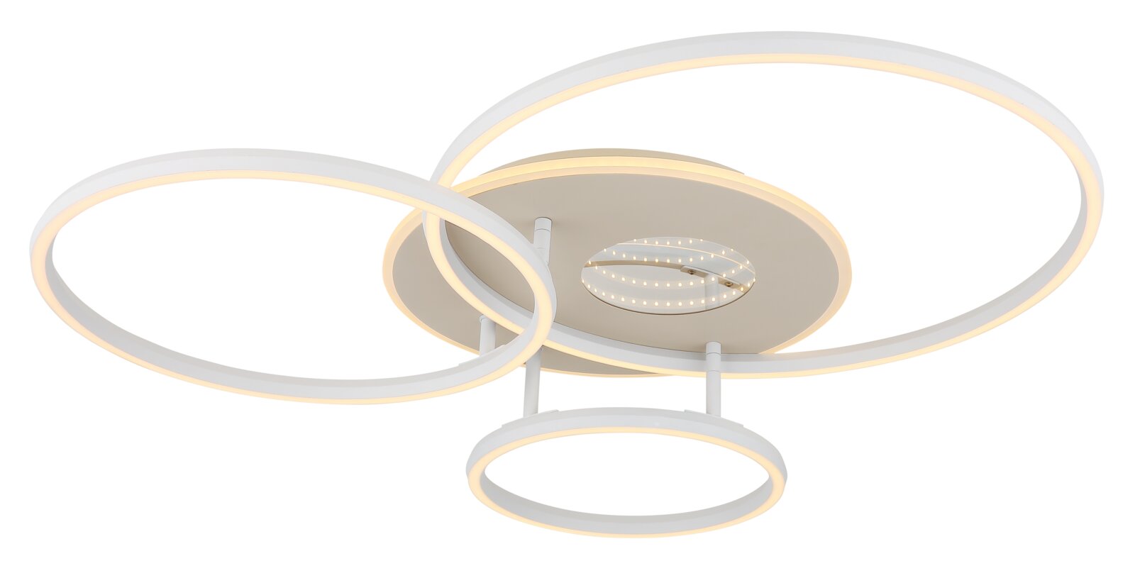 Moderne LED-Deckenleuchte mit drei leuchtenden Ringen, seitliche Perspektive