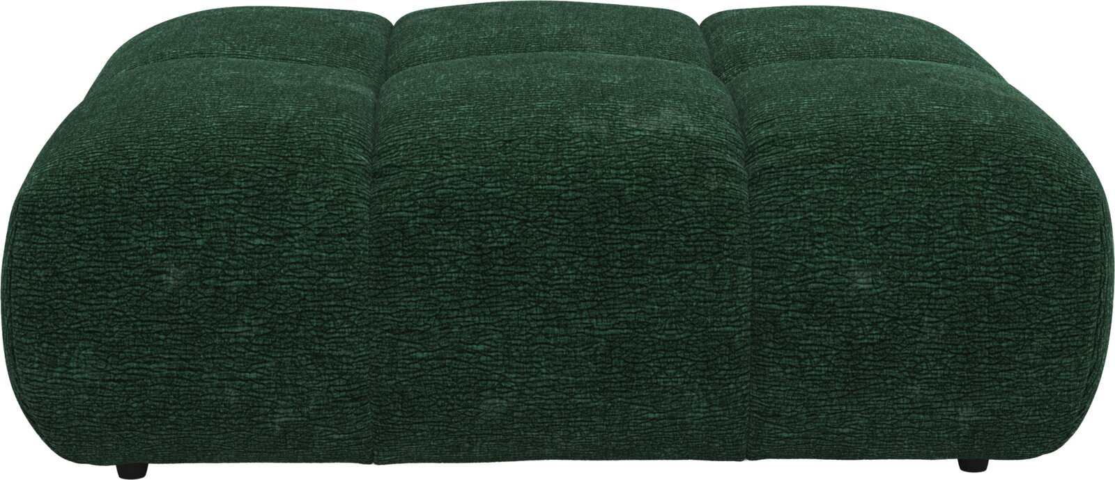 Dunkelgrüner, gepolsterter Pouf/Polsterhocker mit strukturierter Stoffoberfläche und quadratischer Steppung, freigestellt auf weißem Hintergrund, Frontansicht.