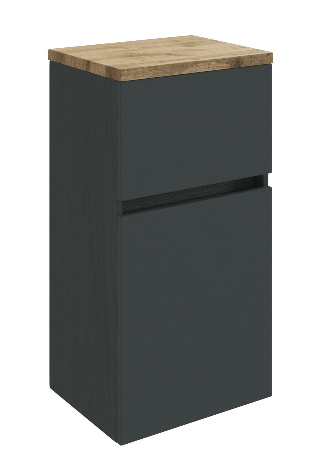 XORA Unterschrank PIENZA Moderner Unterschrank mit dunkler Front und heller Holzplatte, seitliche Perspektive