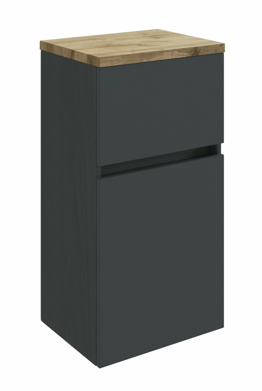 Moderner Unterschrank mit dunkler Front und heller Holzplatte, seitliche Perspektive