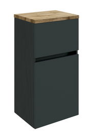 Moderner Unterschrank mit dunkler Front und heller Holzplatte, seitliche Perspektive