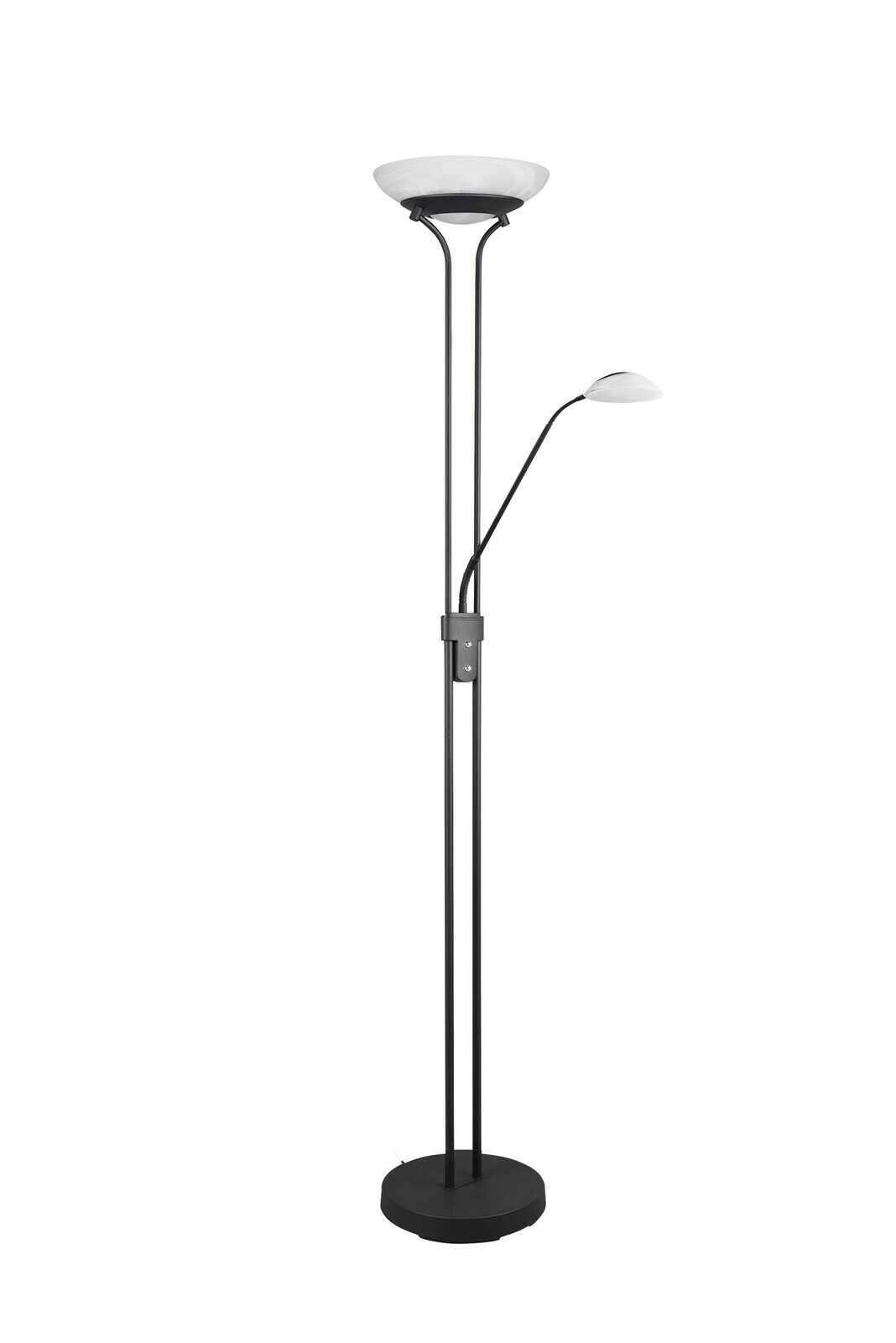 Moderne Stehleuchte Orson mit zwei Lichtquellen, schwarze Struktur, seitliche Perspektive