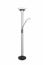 Moderne Stehleuchte Orson mit zwei Lichtquellen, schwarze Struktur, seitliche Perspektive