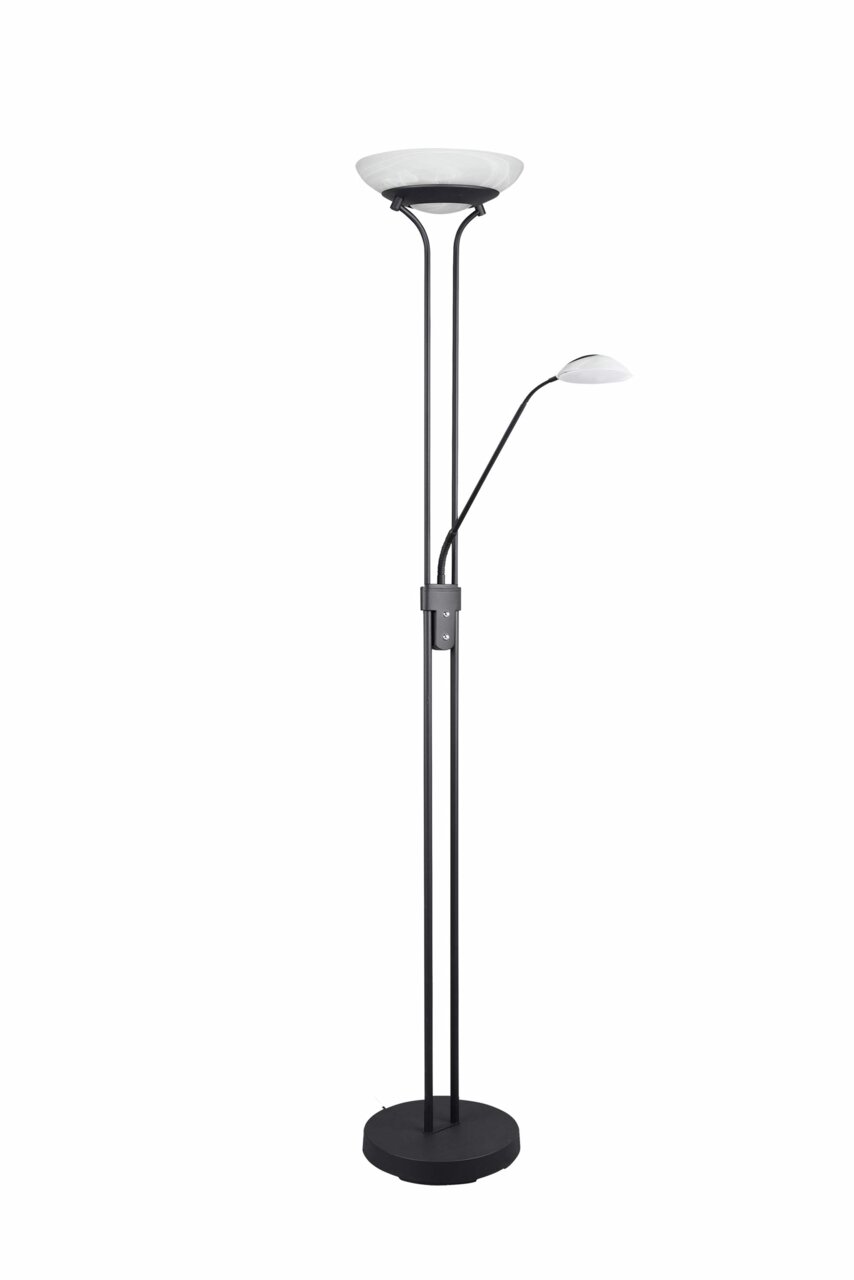 Moderne Stehleuchte Orson mit zwei Lichtquellen, schwarze Struktur, seitliche Perspektive
