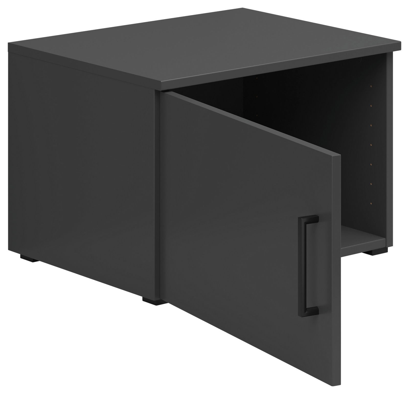 Schwarzer Aufsatzschrank mit geöffneter Tür, seitliche Perspektive