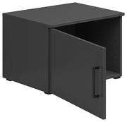 Schwarzer Aufsatzschrank mit geöffneter Tür, seitliche Perspektive