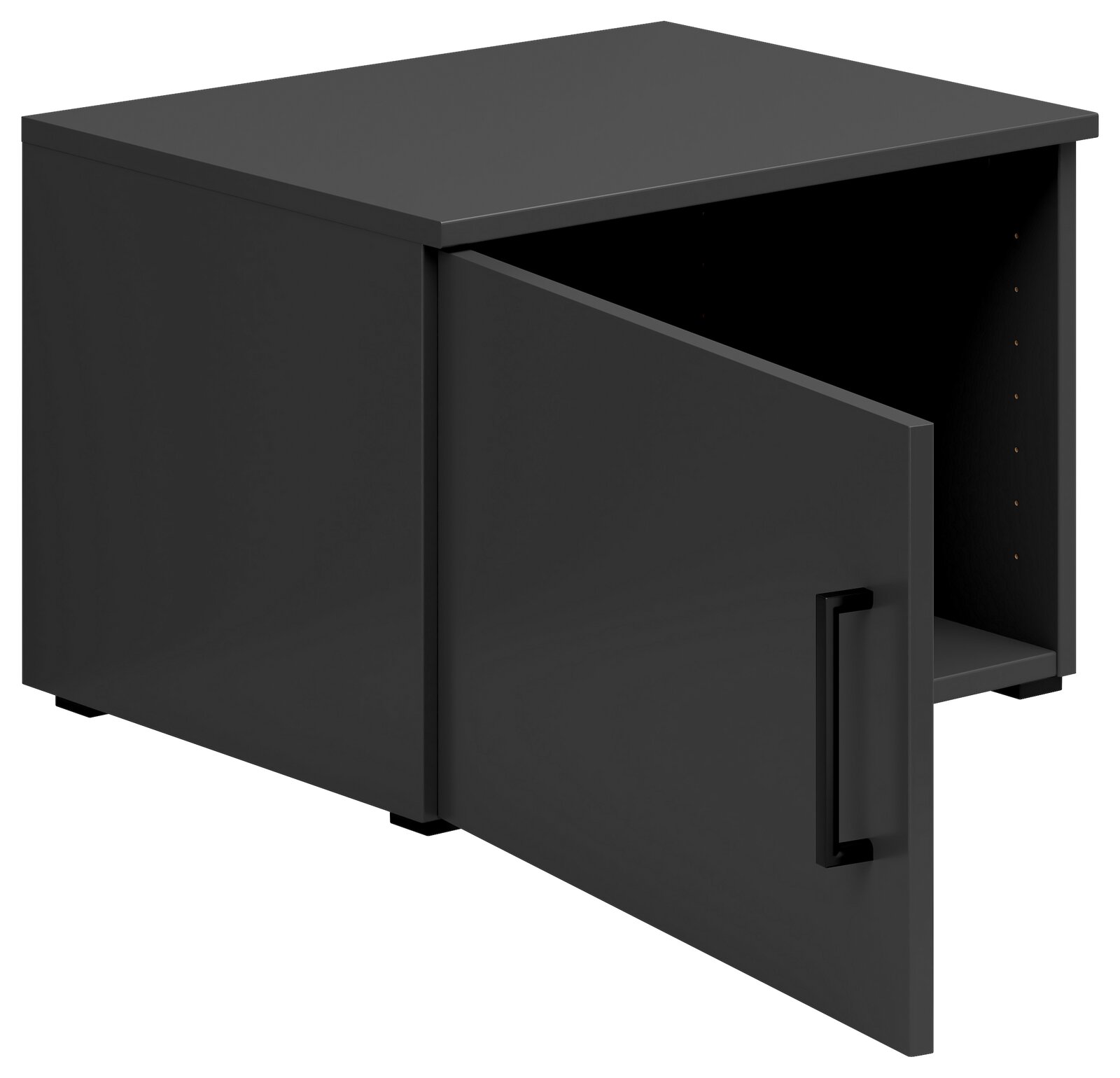 Schwarzer Aufsatzschrank mit geöffneter Tür, seitliche Perspektive