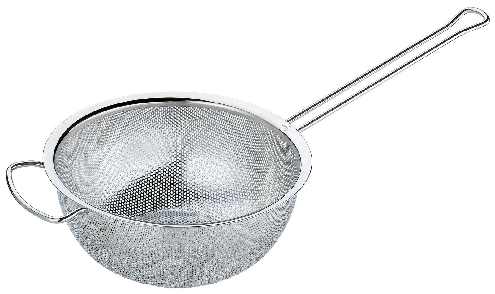Küchensieb DELUXE, 22 cm, aus Edelstahl mit langem Griff und seitlichem Henkel, seitliche Perspektive