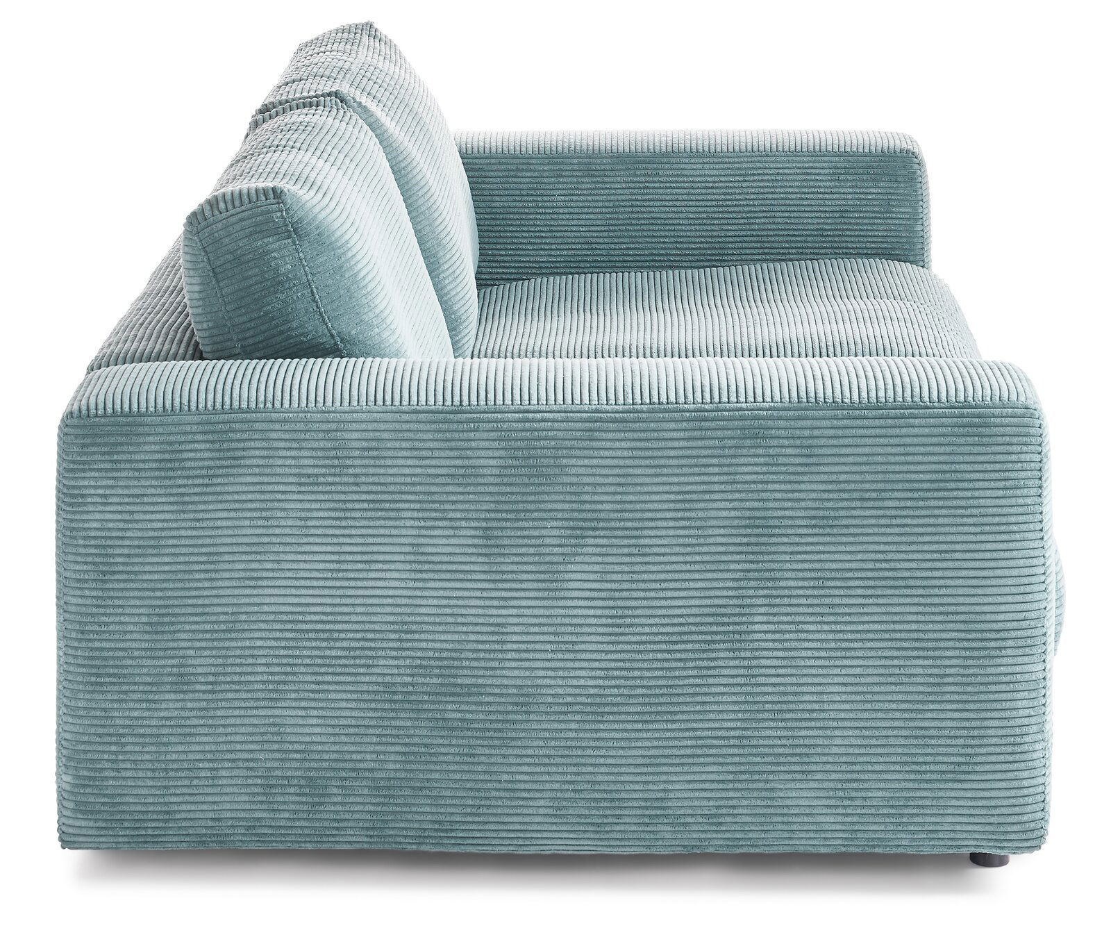 Seitenansicht eines zweisitzigen Sofas mit hellblauem Cordbezug.