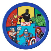 Runde Brotdose mit Marvel Avengers Design, zeigt Iron Man, Black Panther, Hulk, Thor, Captain America und Black Widow. Draufsicht.