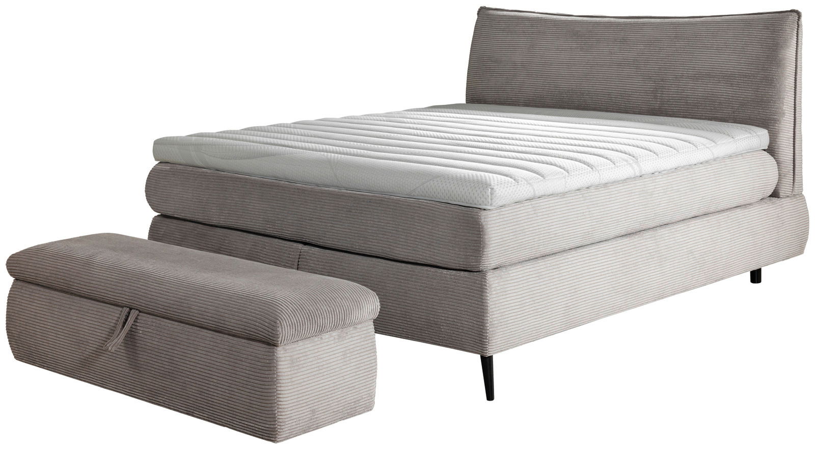 Boxspringbett 180x200 in grauem Stoff mit passendem Hocker, seitliche Perspektive