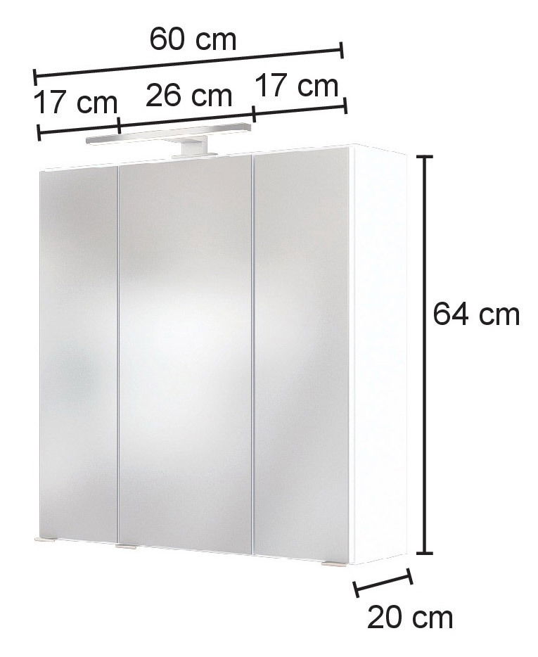 Spiegelschrank mit drei Türen, 60 cm breit, 64 cm hoch, 20 cm tief, mit LED-Leuchte, Frontalansicht